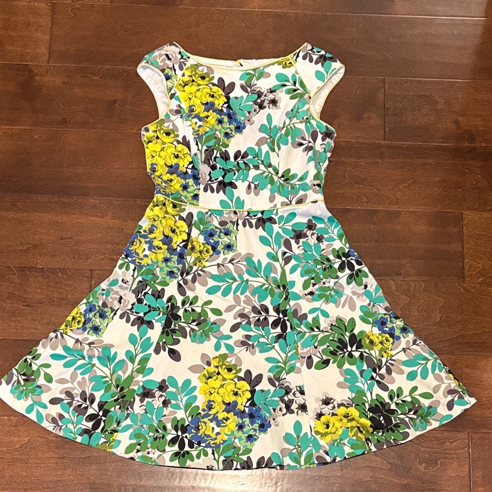 London Style Teal, Yellow & White Floral Fit-and-Flare Dress